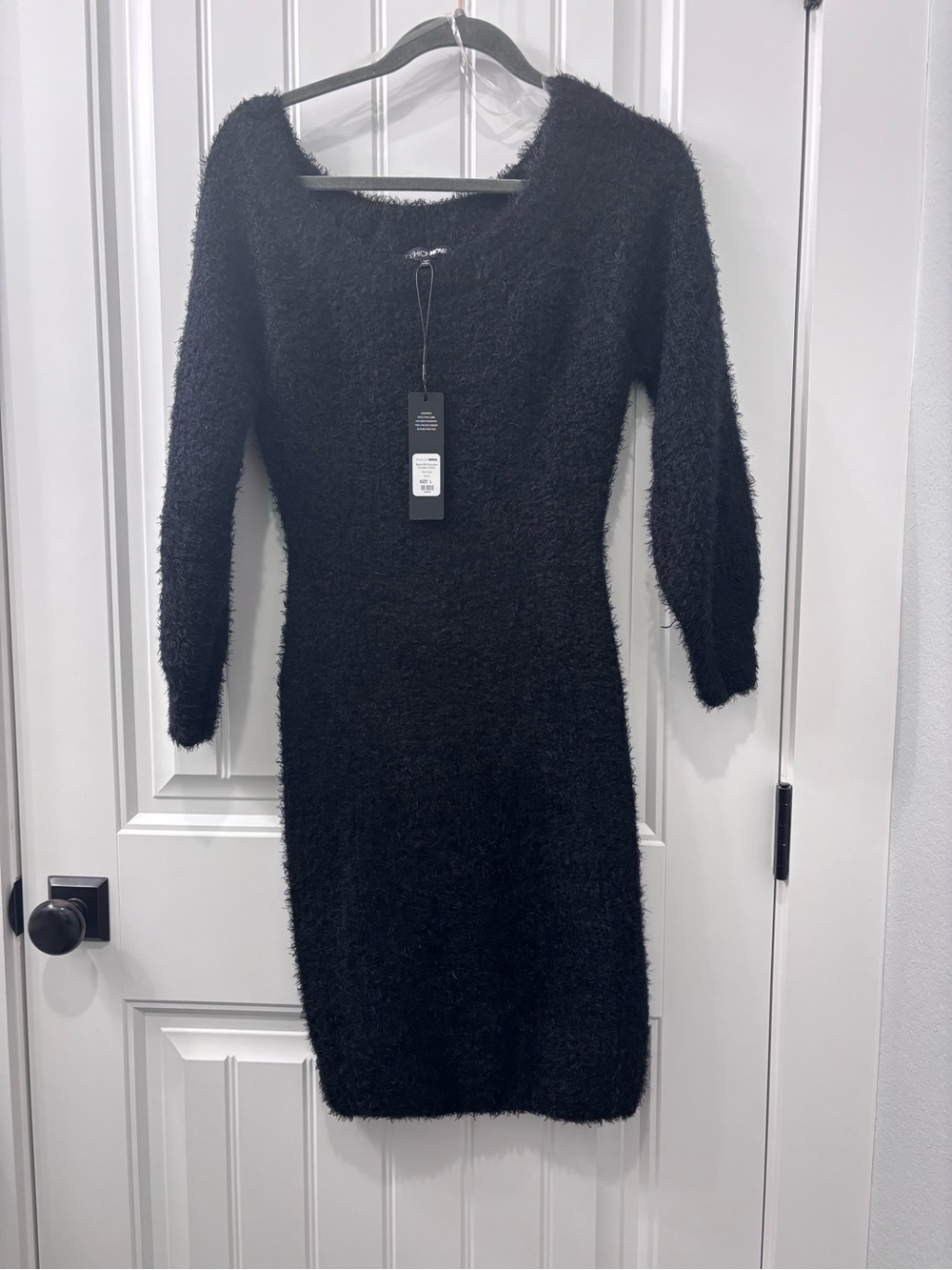 Fashion Nova Black Fuzzy Long Sleeve Bodycon Dress